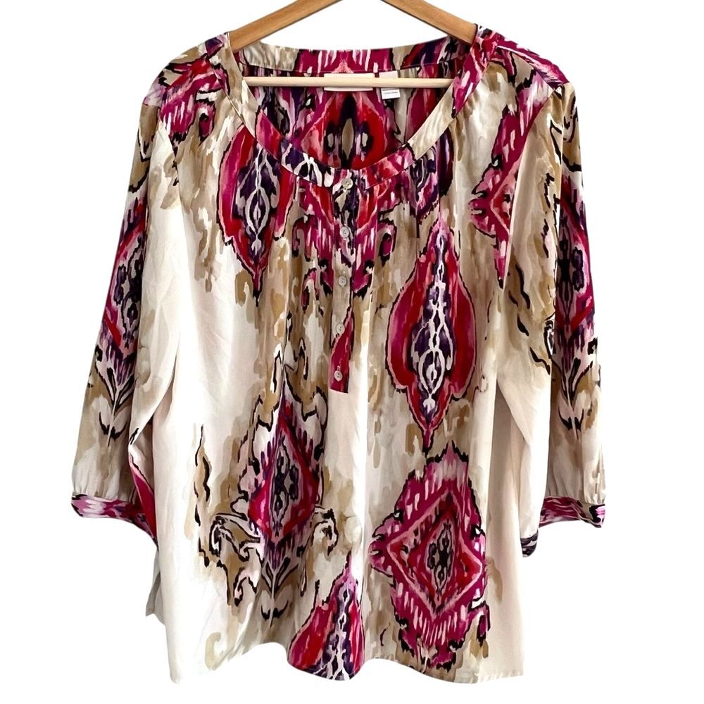 Chicos Womens Paisley Peasant Tunic Top Sz XL Beach Boho Flowy Artsy Vacation